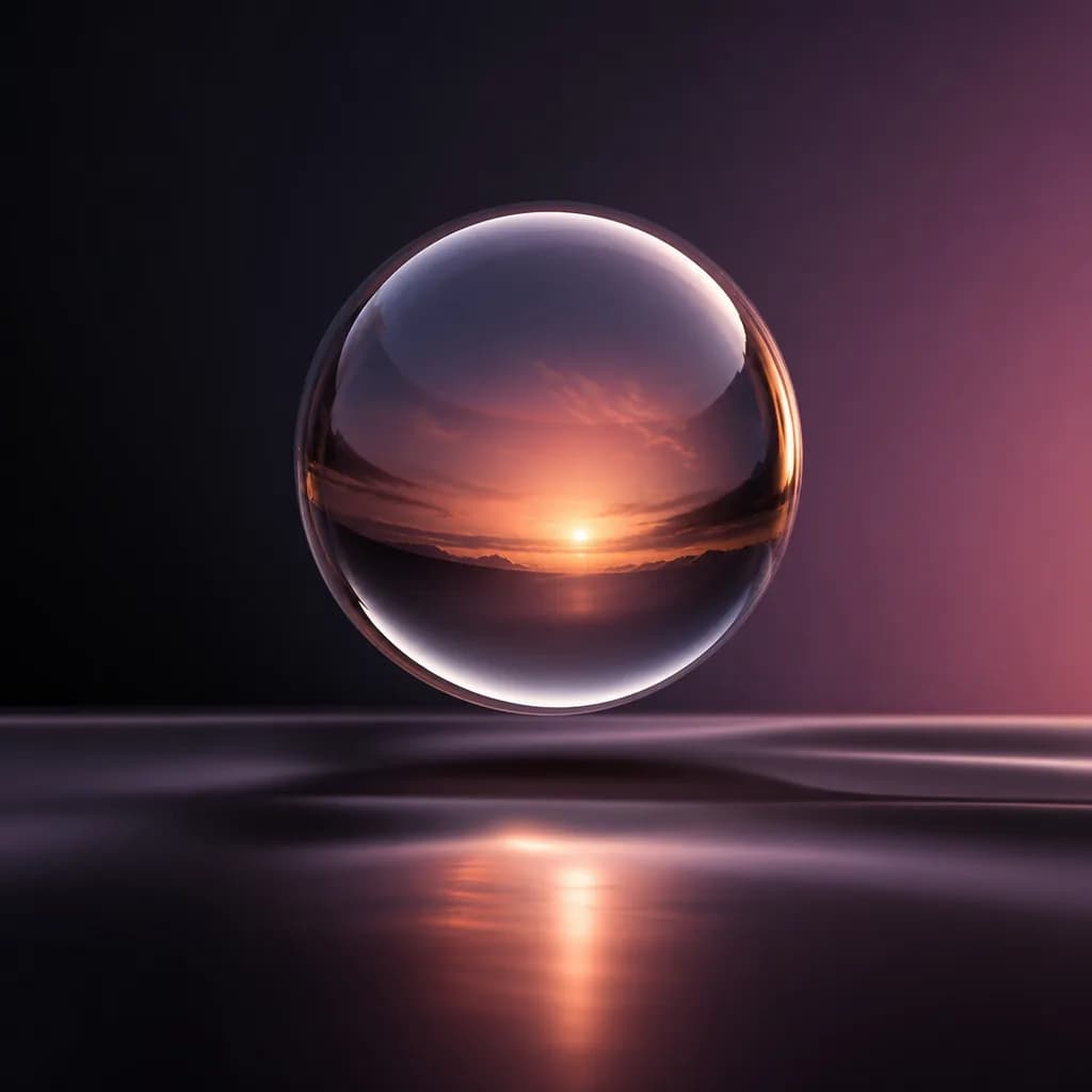 Glass orb refracting a sunset, suspended above silken charcoal-to-plum gradient.