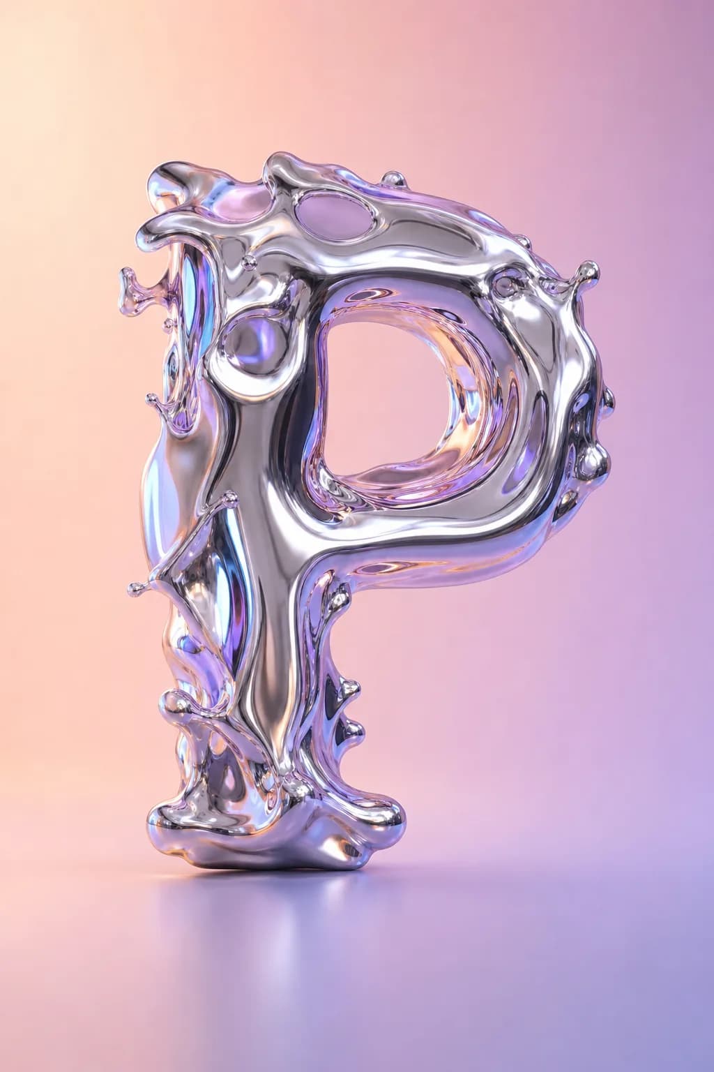 Liquid chrome typography, peach-and-lavender backdrop, premium minimal product still life.