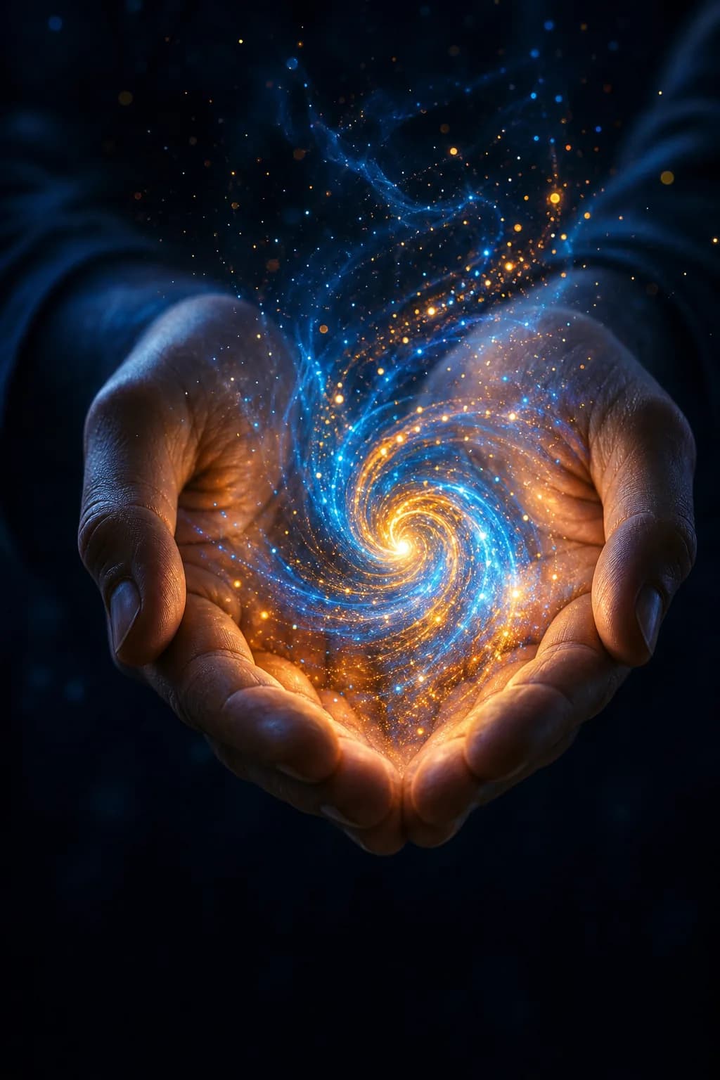 Hands cupping a vortex of generative light particles, magical realism, deep midnight blue.
