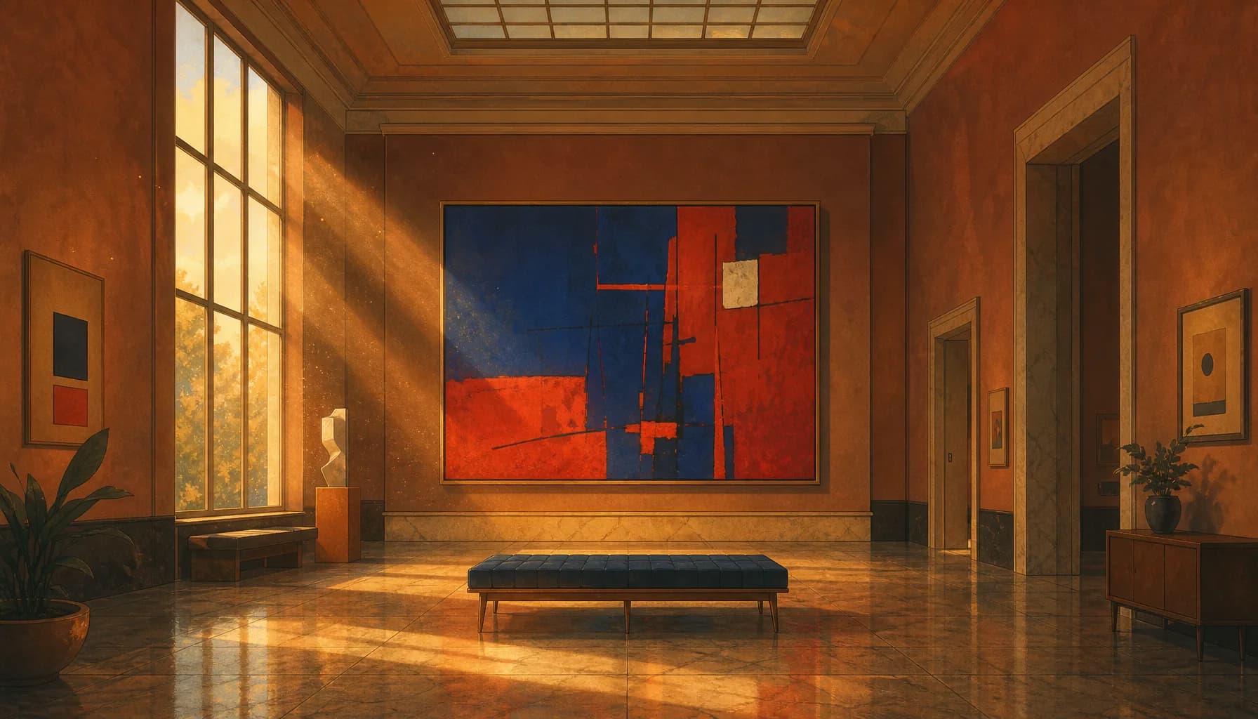 Empty mid-century gallery at golden hour, anamorphic, dust motes in warm sunbeams.