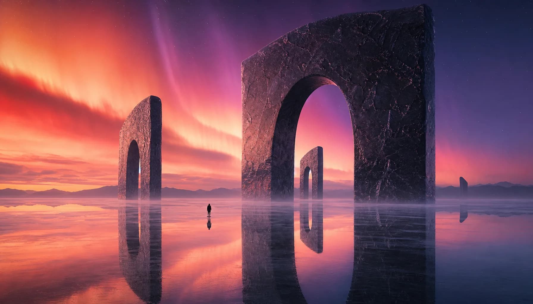 Obsidian arches above a salt flat at dusk — surreal, photoreal, painterly cinematic.